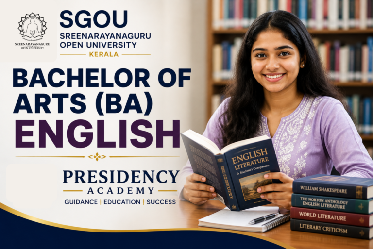 Bachelor of Arts (BA) English student at Presidency Academy under Sree Narayana Guru Open University (SGOU) with English literature books.
