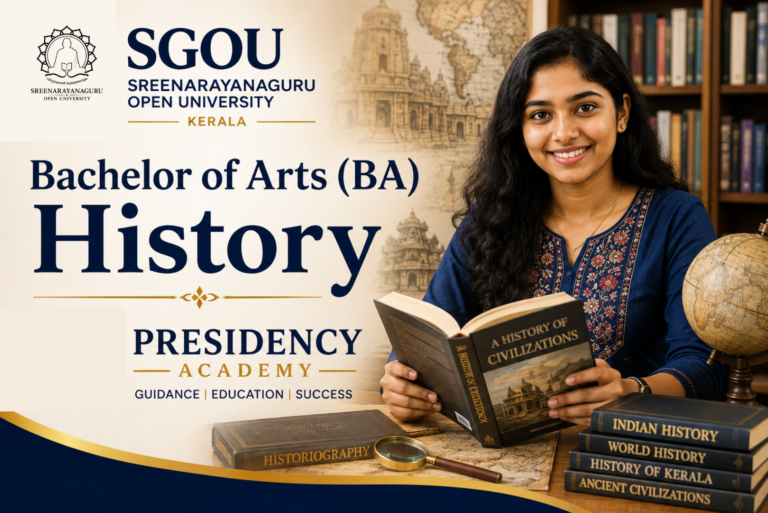 Bachelor of Arts (BA) History student at Presidency Academy under Sree Narayana Guru Open University (SGOU) with history books.