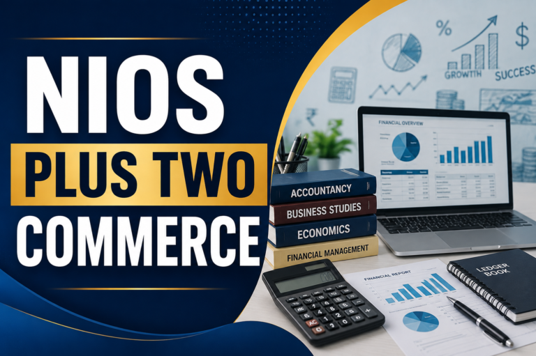 NIOS Plus Two Commerce course featured image with accounting, finance and business education theme offered by Presidency Academy.