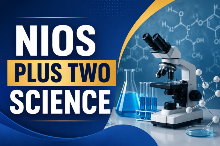 NIOS Plus Two Science course featured image with laboratory equipment, microscope and science education theme offered by Presidency Academy.