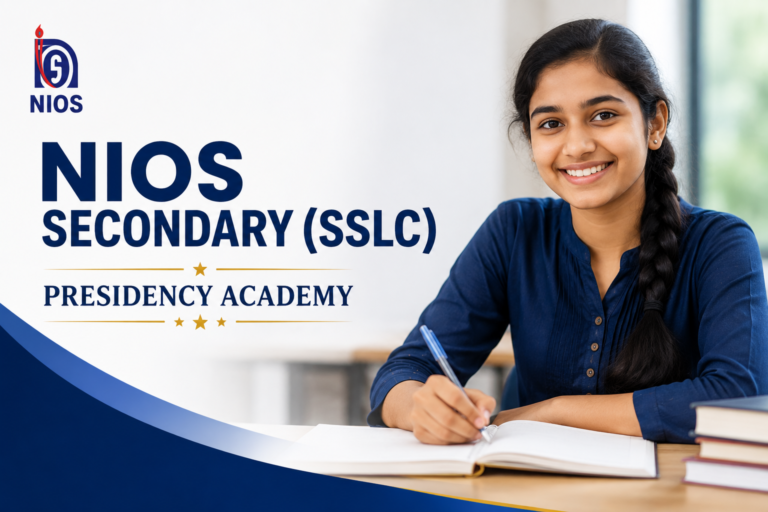 Smiling NIOS Secondary (SSLC) student studying at Presidency Academy with NIOS logo displayed.
